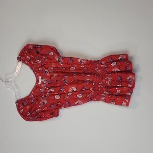 MAX STUDIO Red Floral Ruched Short Sleeve Smocked Waist Lightweight Blouse